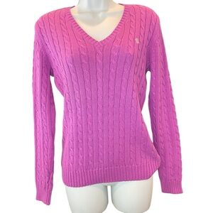 Lauren Ralph Lauren V-neck Knit Long Sleeve Sweater Purple White LOGO Women's XS